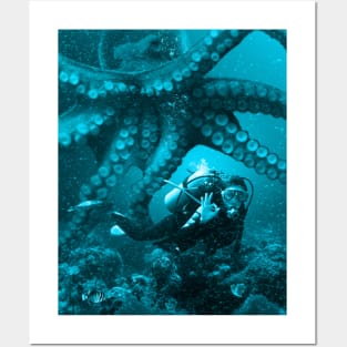 Giant Octopus Approaching Scuba Diver Posters and Art